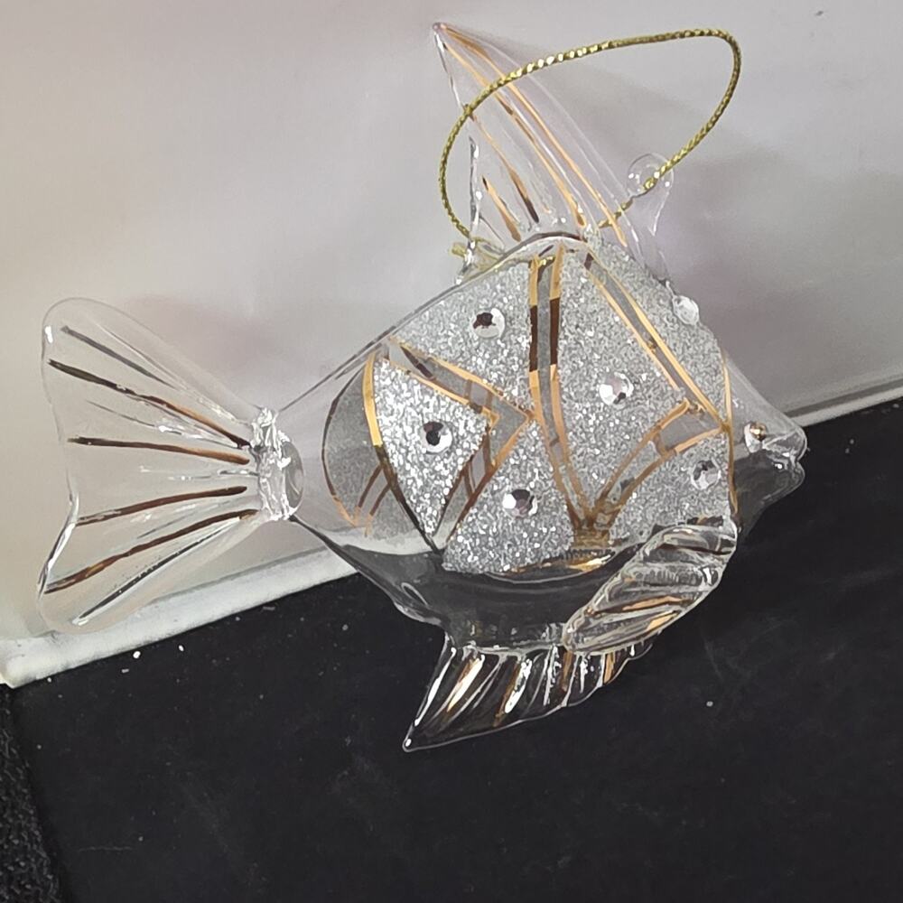 Clear Glass Fish Hanging Ornament, Silver Glitter Accents, Gold String